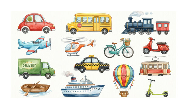 Transportation Watercolor Illustration Set with Various Vehicles and Travel Collection