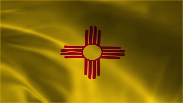 High quality New Mexico state flag waving loop background animation video showing the red zia sun symbol on a yellow field, official united states regional patriotism and southwest culture graphics.