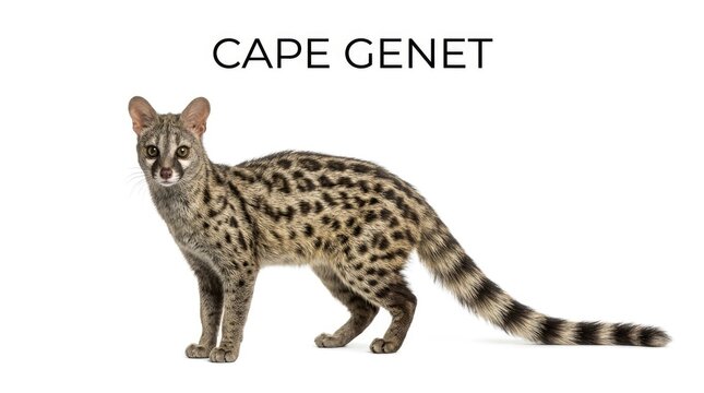 Cape Genet standing on a white background, showcasing its spotted fur and striped tail