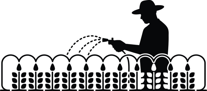 Black silhouette of farmer watering lush green plants in garden with spray nozzle on white background for agriculture design