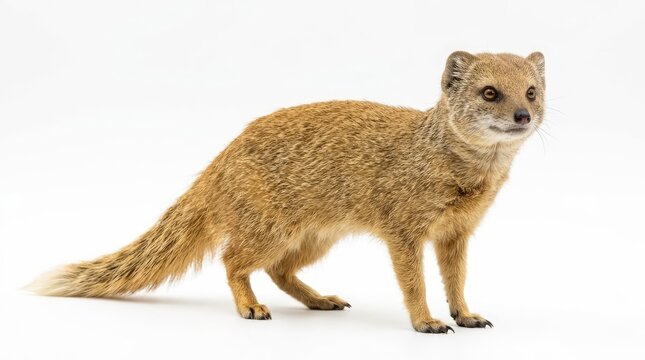 A yellow mongoose stands on a white background. The mongoose is a small mammal with yellowish-brown fur, a long bushy tail, and pointed ears