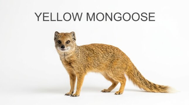 A yellow mongoose stands alert, its fur a blend of golden-brown hues, with a hint of white at its tail tip. The background is a clean, bright white, allowing the creature to be the sole focus.