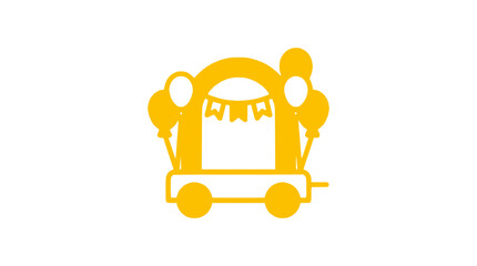 Yellow cartoon wagon with balloons and bunting flags, festive circus tent design © Latif