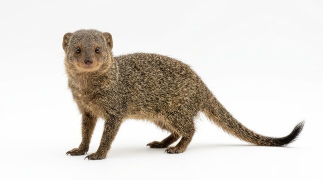 A mongoose stands on a white background, looking directly at the camera with its small eyes. The creature has a long, bushy tail and a coarse, grey-brown coat