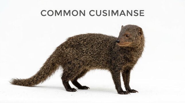 A common cusimanse, a small, slender mammal with dark fur, stands poised on a white background, its alert gaze fixed forward