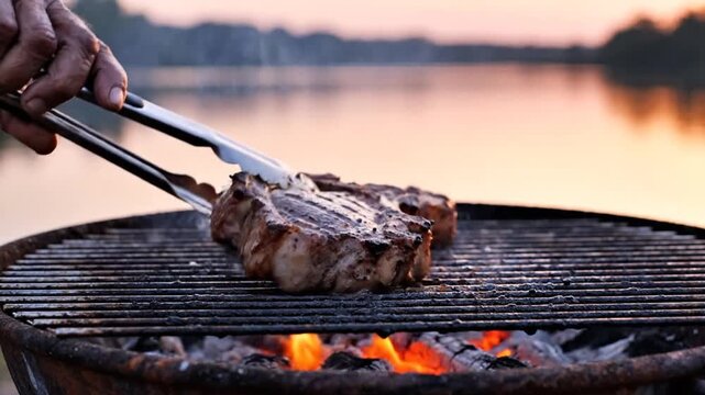 Hand with Tongs Grilling Steak Over BBQ Flames at Sunset Lakeside
