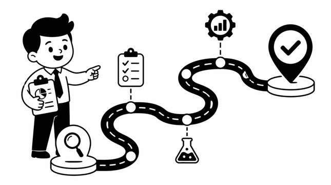 Cartoon scientist holding beaker and clipboard with research path.