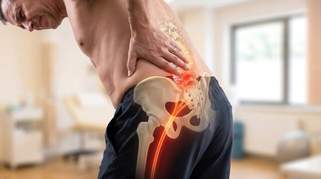 Sciatica pain and lower back injury in man with holographic spine anatomy overlay. Male patient holding sore back, medical clinic diagnostics for sciatic nerve inflammation or herniated disc