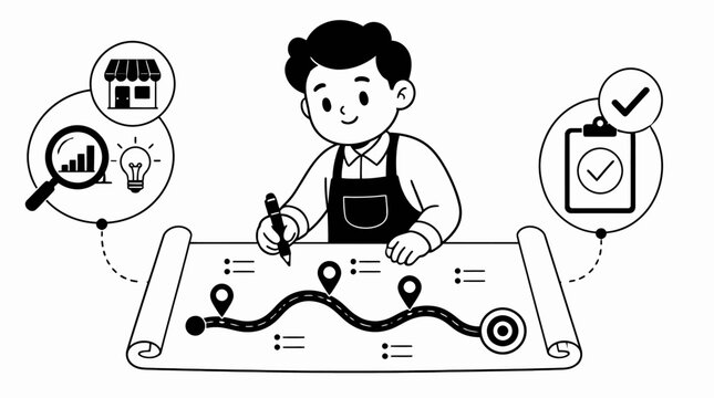Cartoon man drawing business plan on scroll with icons.