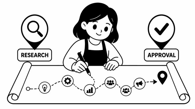 Woman analyzing research and approval process flowchart.