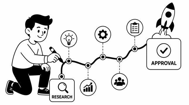 Illustration of research and approval process workflow.