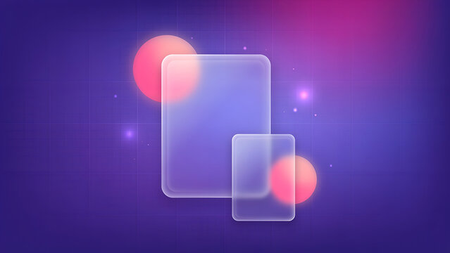 Glowing rectangles on purple background with pink and red orbs floating around