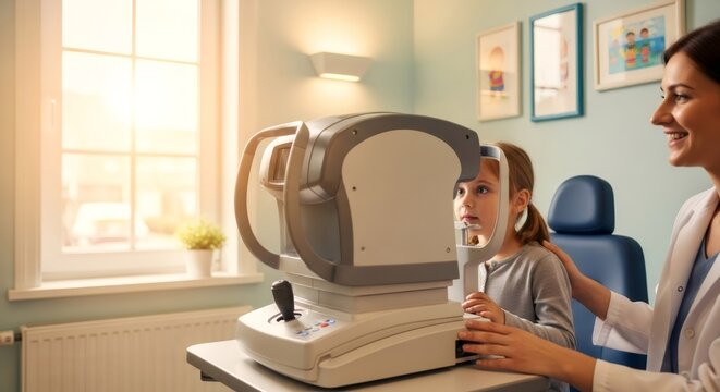 Young girl patient having an eye exam with an autorefractor by a woman ophthalmologist. Pediatric vision check for child eye health.