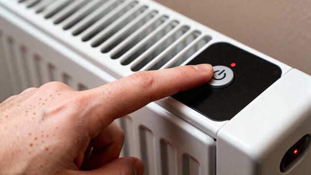 A hand gently presses the power button on a white radiator. This moment captures the anticipation of warmth as the cold air fills the room during a chilly winter day.