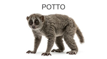 Obraz premium A small potto animal standing on a white background with the word POTTO above it