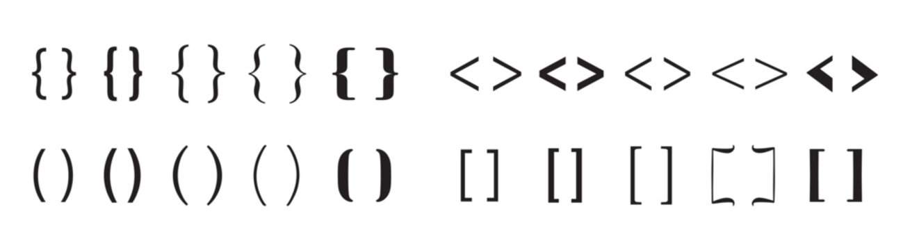 Multiple set of Parentheses, Square Brackets, Curly Braces and Angle Brackets. Coding Brackets symbols in multiple style. Clean design ideal for programming, typography, and digital communication.