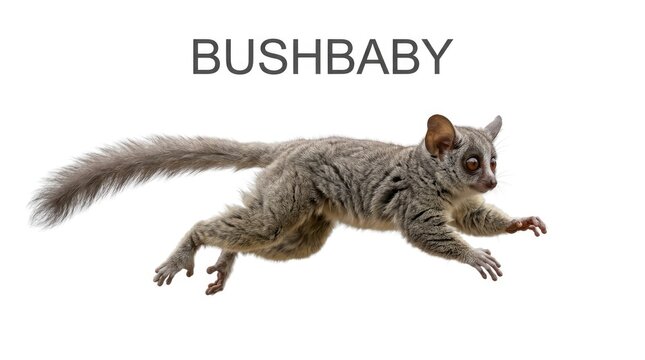 A small bushbaby in mid-air, with its tail extended. It has large, dark eyes and is grey in color