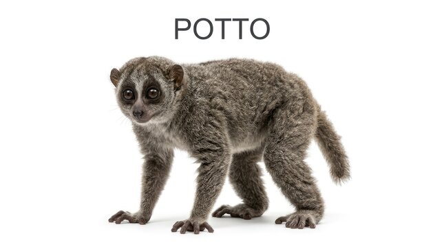 A small potto animal standing on a white background with the word POTTO above it