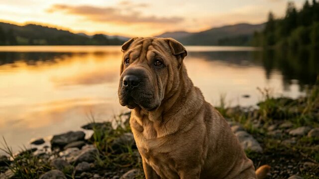 chinese shar pei dog near west lake hangzhou china golden light close up video