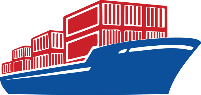 Large blue cargo ship with multiple stacked red shipping containers on deck