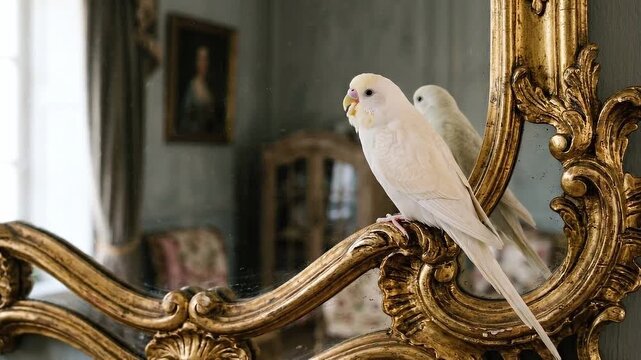 Panning shot of white cockatiel perching and turning on gilded ornate mirror in vintage interior with soft natural daylight and calm domestic mood