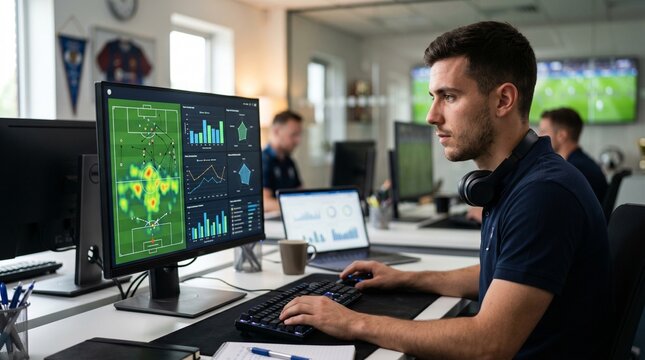 Professional soccer analyst working with advanced data visualization and heatmaps on a computer