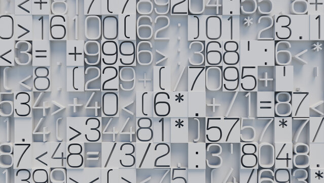Close-Up of Textured Mathematical Symbols and Numbers Including Fractions and Multiplication Signs on a white Background, Realistic 3D Digital Art for Educational and Creative Design Applications