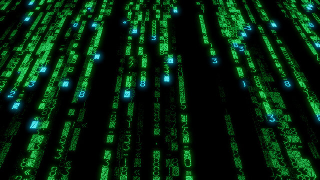 Illuminated Green and Blue Binary Code Characters in Random Arrangement on Black Background - Dynamic Digital Visualization for Technology, Data Science, and Cybersecurity Applications