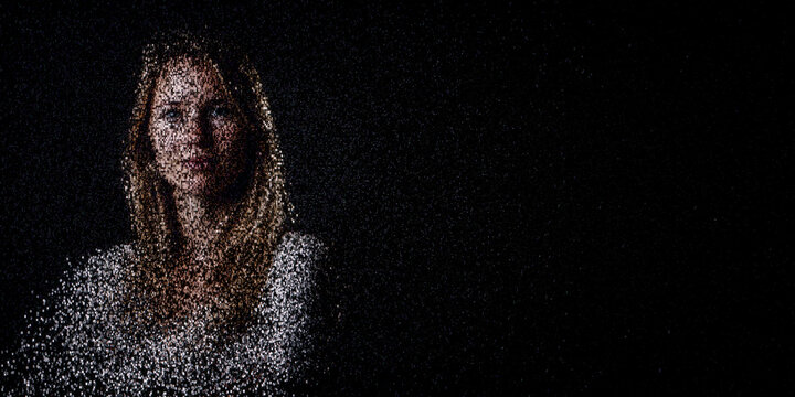 Digital ID Portrait of Woman with Face made up of Code. Decentralized identifier Concept with copy-space.