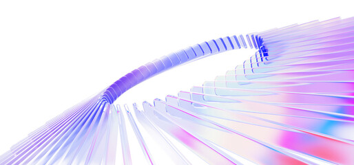 Hologram glass radial circle 3D pattern in perspective. Abstract ring of iridescent transparent lines on pastel blue background. Rainbow gradient light beams, circular geometric burst