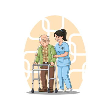 Nurse supporting elderly patient.