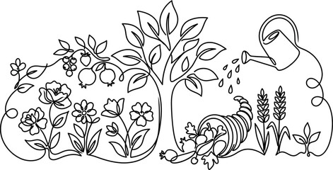 Continuous line art illustration of a garden with flowers tree cornucopia and watering can. © Hyiu