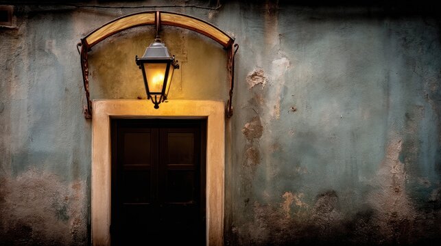 Lit vintage lantern over a weathered door