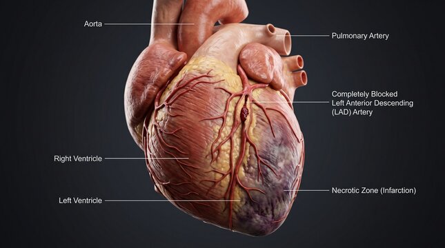 Anatomical human heart showing a necrotic zone and a completely blocked left anterior descending artery