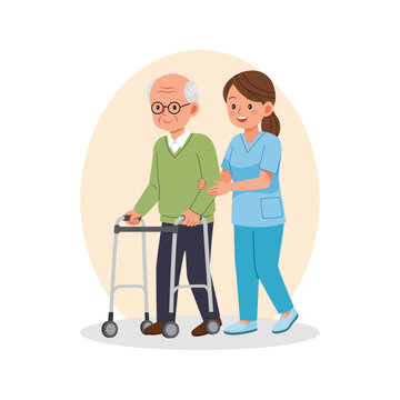 Nurse assisting senior walker.