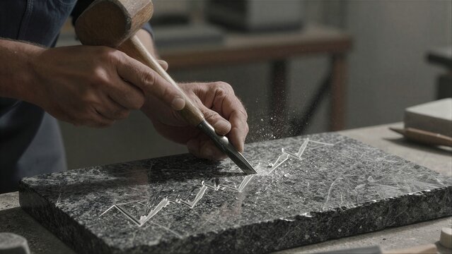 Stone carver meticulously chisels intricate patterns into dark granite slab with hammer and chisel.
