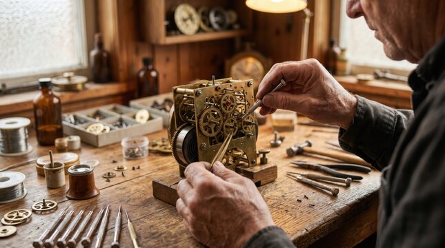Master Clockmaker Restoring Intricate Mechanical Timepiece at Traditional Workbench