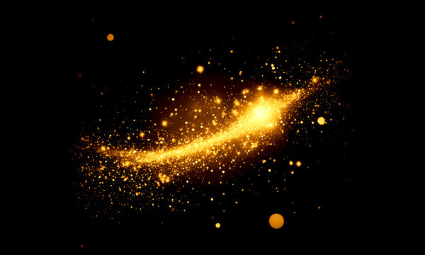 Glowing golden dust particles swirling in a brilliant magical vortex against a deep black background creating an elegant sparkling effect for luxury festive holiday graphic designs