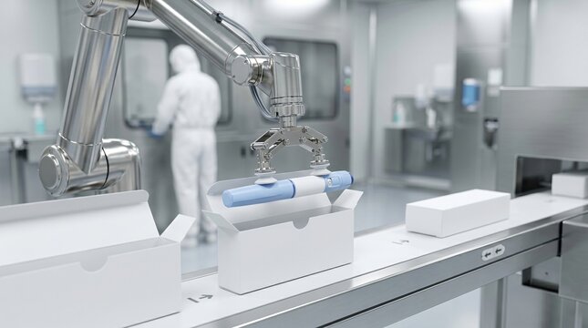 Robotic arm precisely places medical device into packaging on a clean factory production line