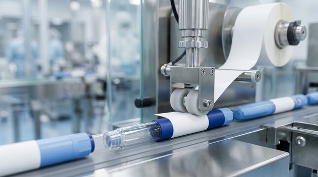Automated labeling machine applies labels to blue and white pharmaceutical vials on a sterile production line