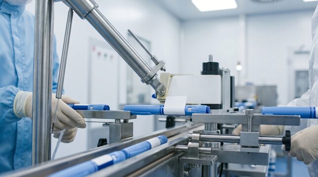 Sterile manufacturing process workers in clean suits assembling medical devices on an automated production line