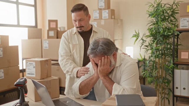Bearded man clasping hands over mouth at laptop amid stacked shipping boxes in building while coworker rests hand on his shoulder; anxiety support.