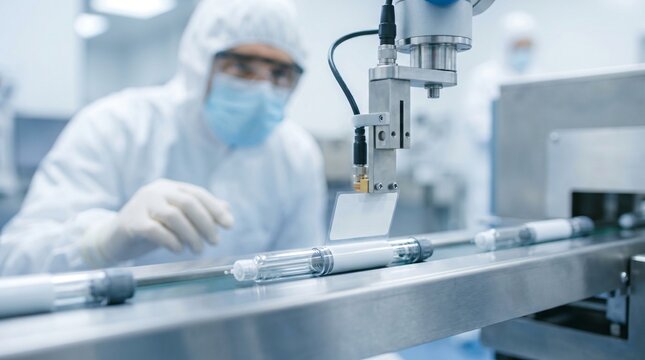 Pharmaceutical manufacturing process with robotic arm and worker in cleanroom