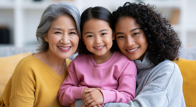 Happy multigenerational family portrait with grandmother mother and daughter smiling together at home showing love connection and family bond
