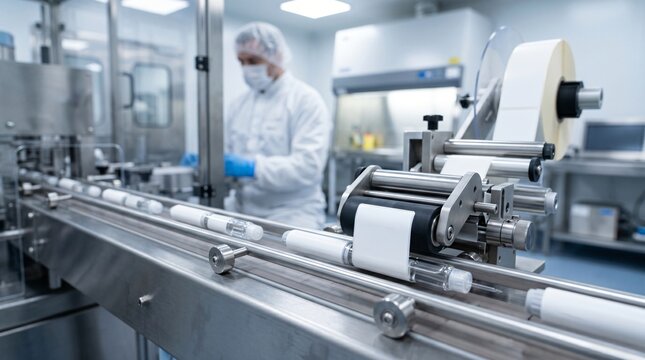 Pharmaceutical production line with worker in cleanroom labeling machine applying labels to vials