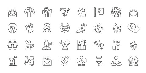 Fototapeta na wymiar Feminism icons in line design. feminism, gender equality, women empowerment, equal rights, female health, social justice, diversity on white background vector. Feminism editable stroke icons