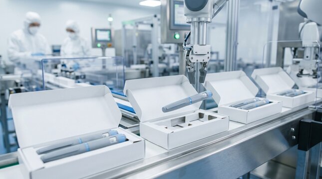 Robotic arm packaging medical devices in sterile cleanroom production facility