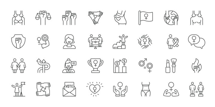 Feminism icons in line design. feminism, gender equality, women empowerment, equal rights, female health, social justice, diversity on white background vector. Feminism editable stroke icons