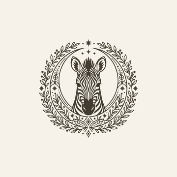 Ornamental Zebra Head Line Art with Botanical Wreath and Celestial Elements