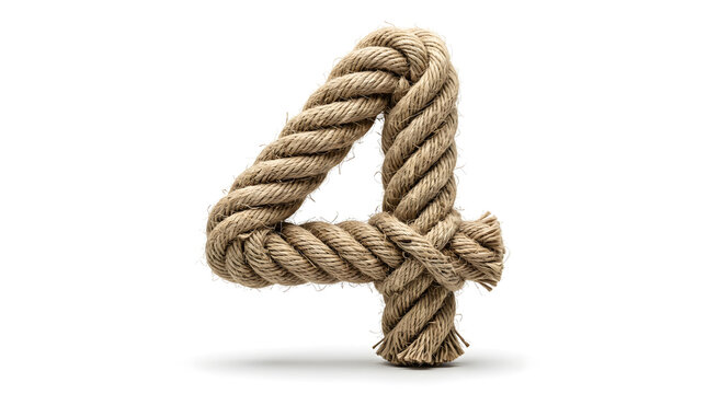 Number 4 Textured Jute Rope Typography Design Isolated on White Background for Logotype